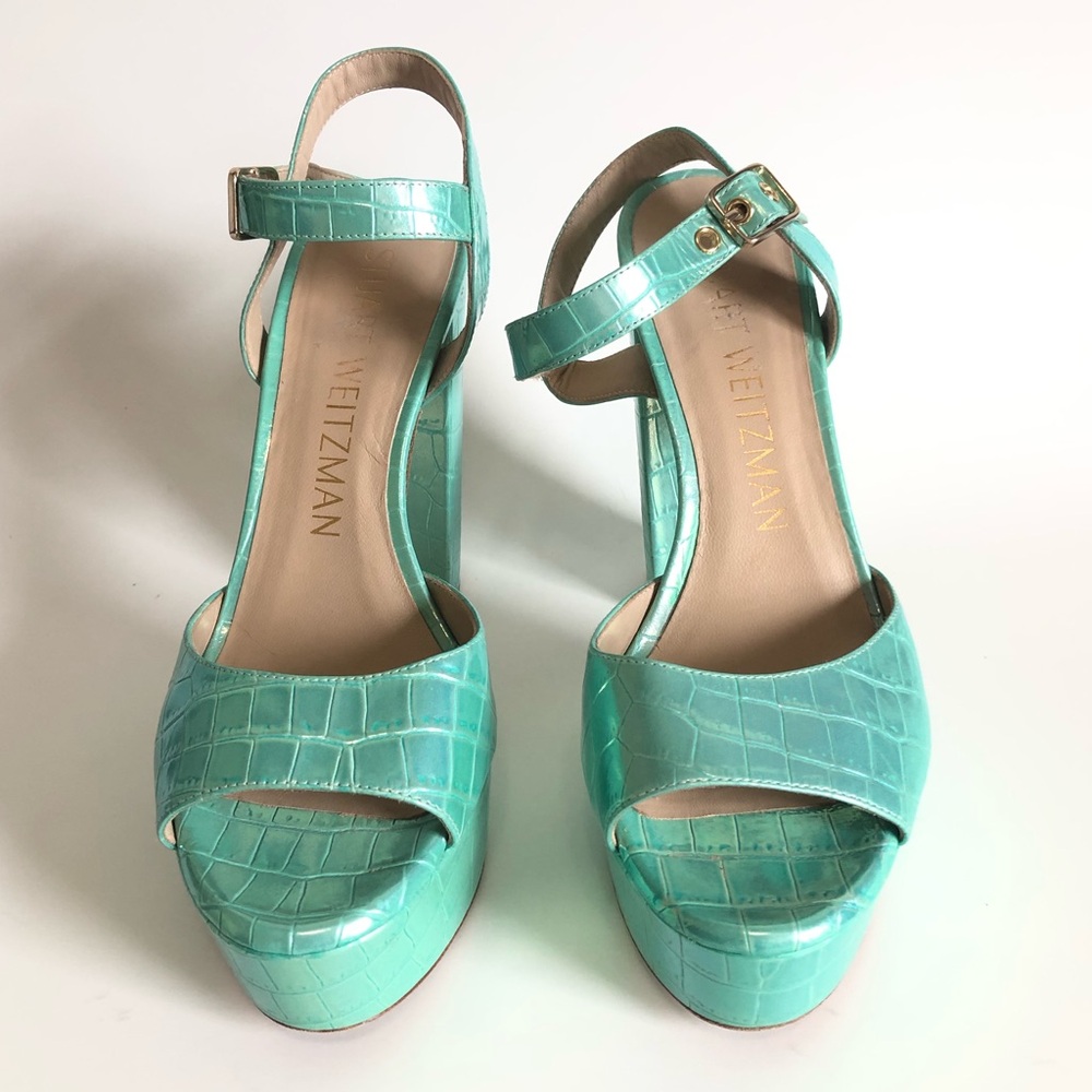 Green Capri Ice Iridescent Soft Crocodile Embossed Platform Heel Block Sandals
